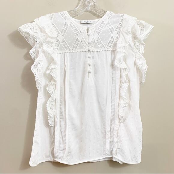 Sandro Paris Marka Lace/Embroidered Ruffle Short Sleeve Cream Top - Picture 2 of 8